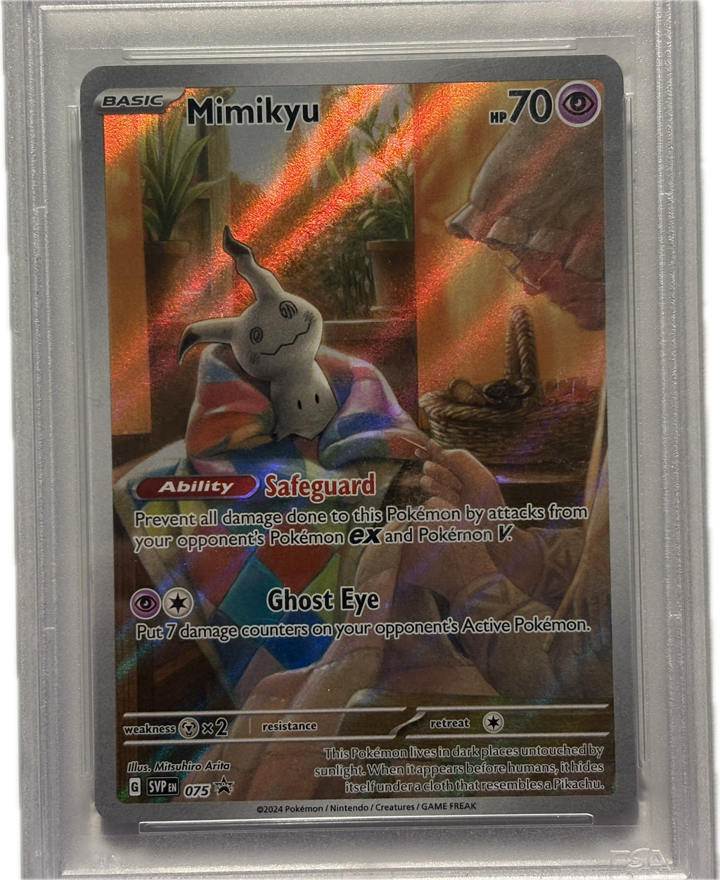 Pokémon trading card featuring Mimikyu with colorful design