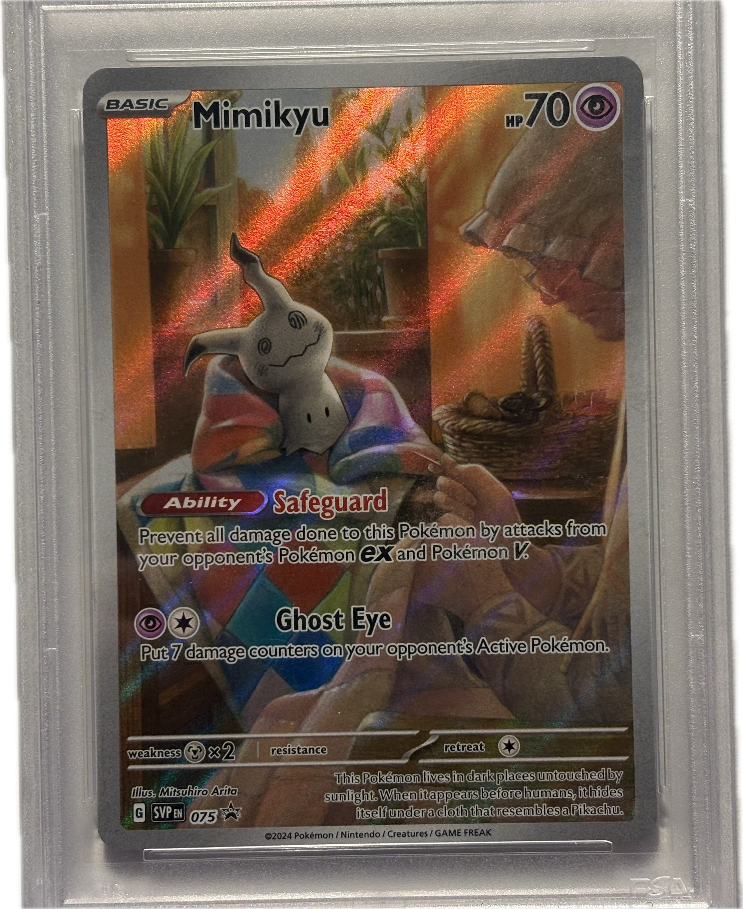Pokémon trading card featuring Mimikyu with colorful design