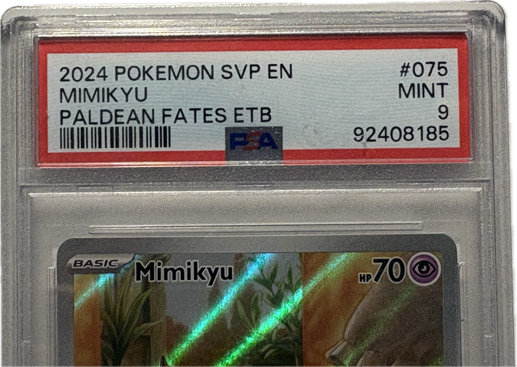 Pokémon trading card in a protective case with a red label