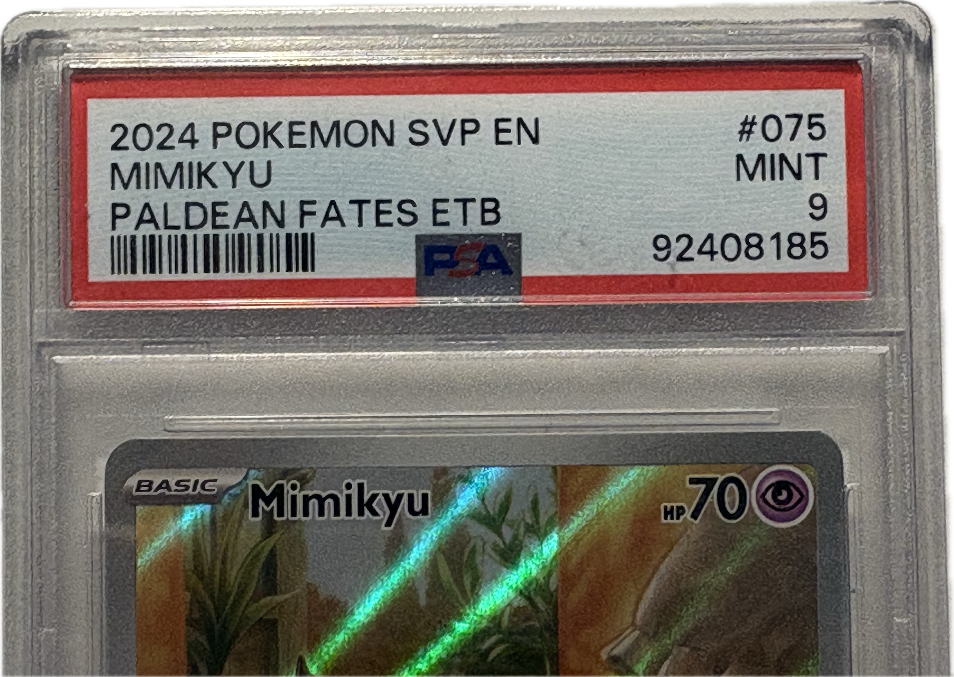 Pokémon trading card in a protective case with a red label