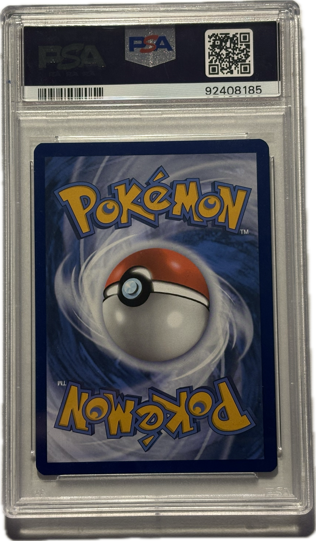 Pokémon trading card in a protective case with a visible grading label