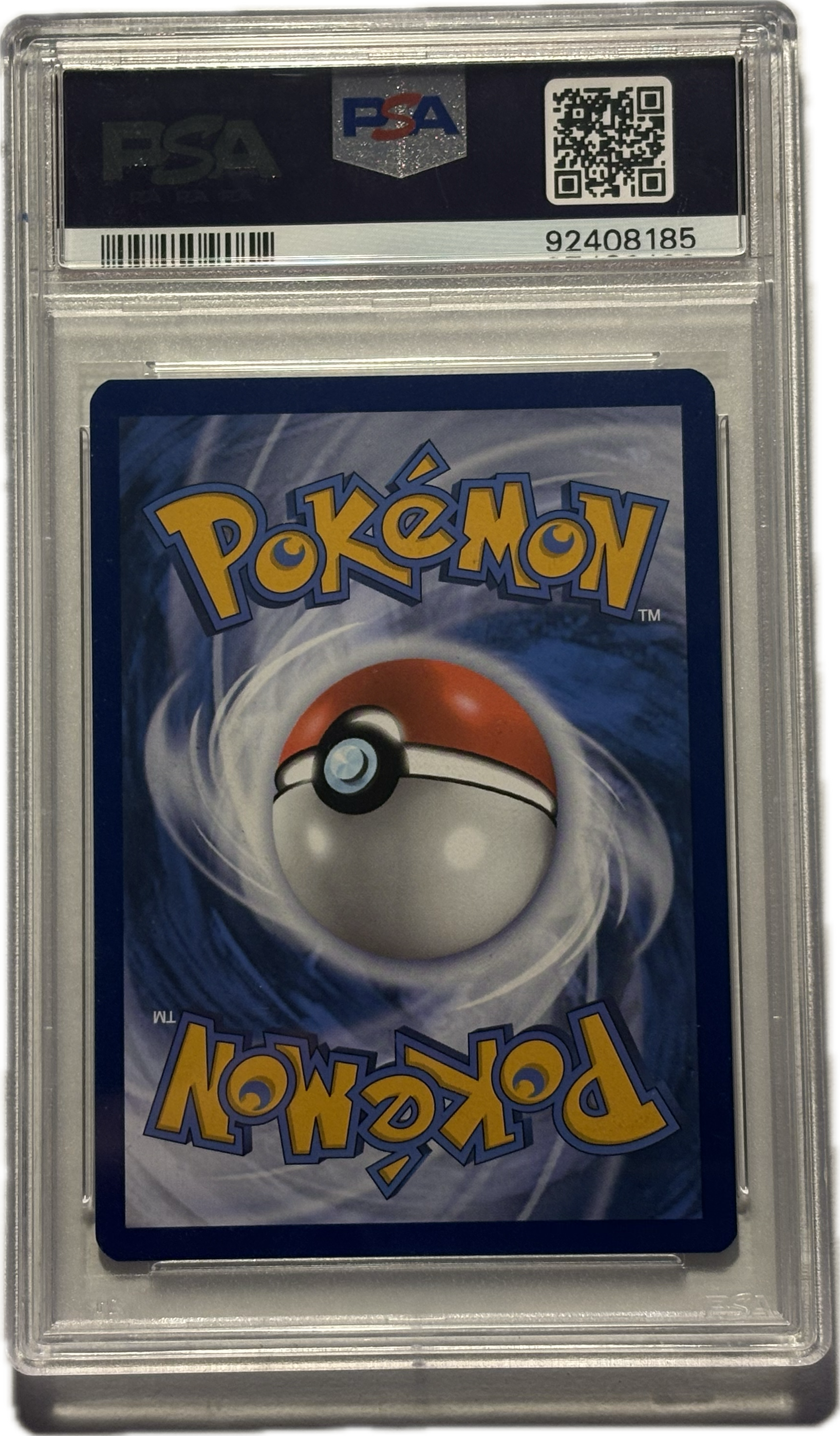 Pokémon trading card in a protective case with a visible grading label
