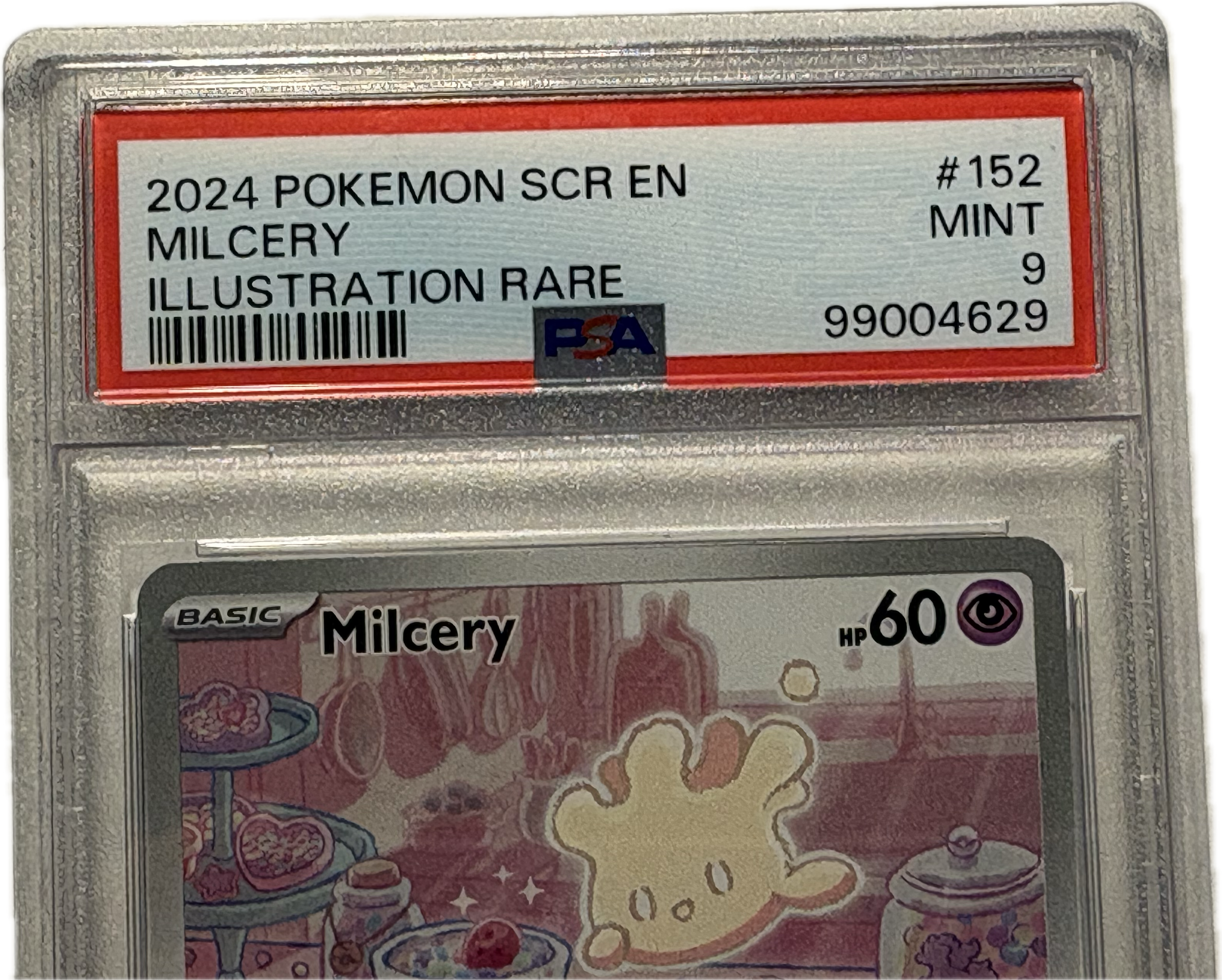 Pokémon trading card in a protective case with a label
