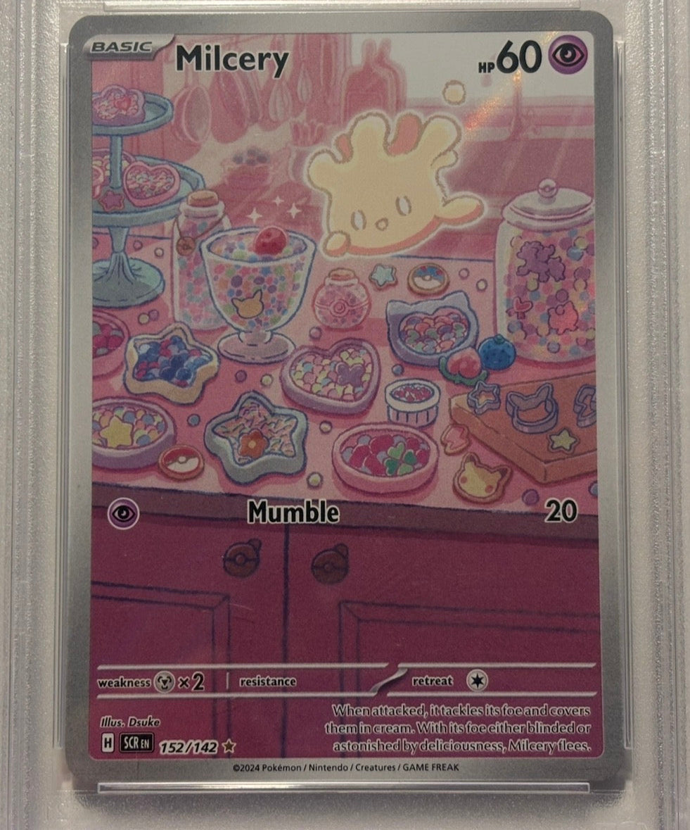 Card with cartoon character design and text on a pink background